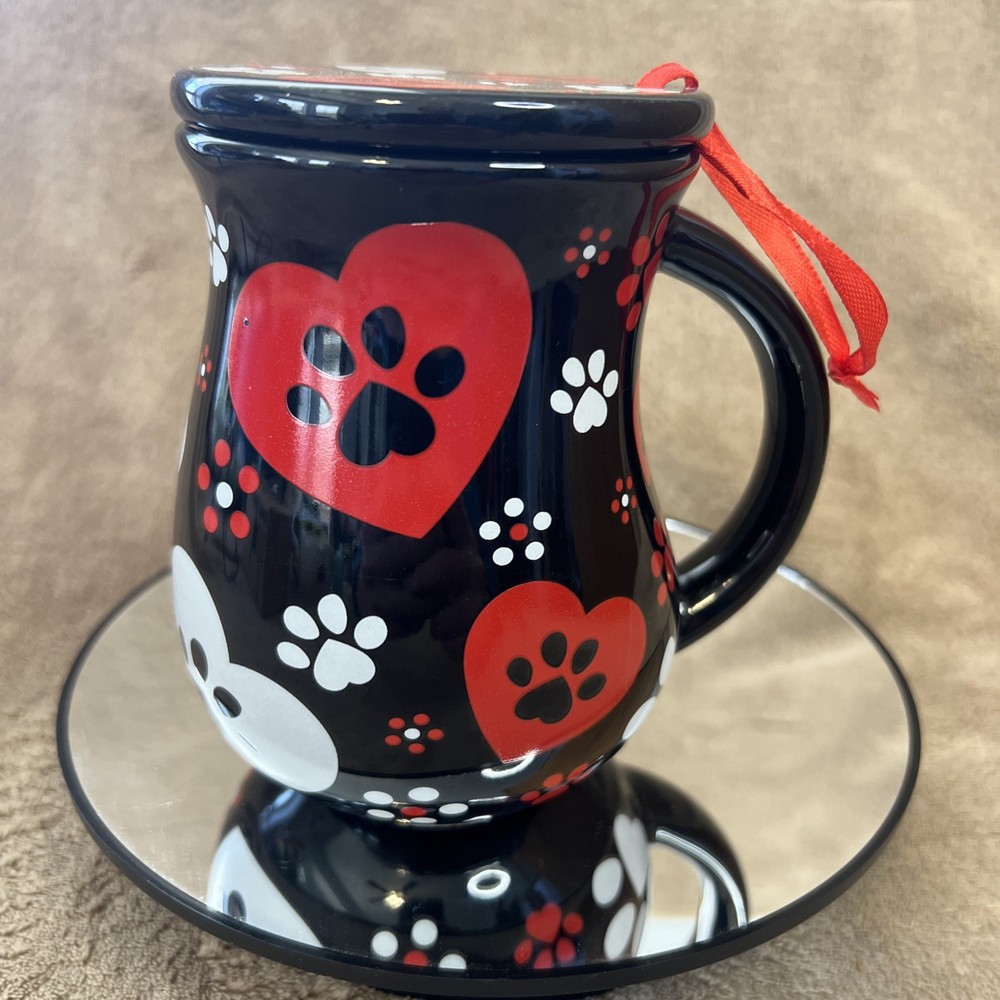 Temp-tations  16oz Mug, Ornament (Lid-it/Trivet) Pawfetti, Black & Red