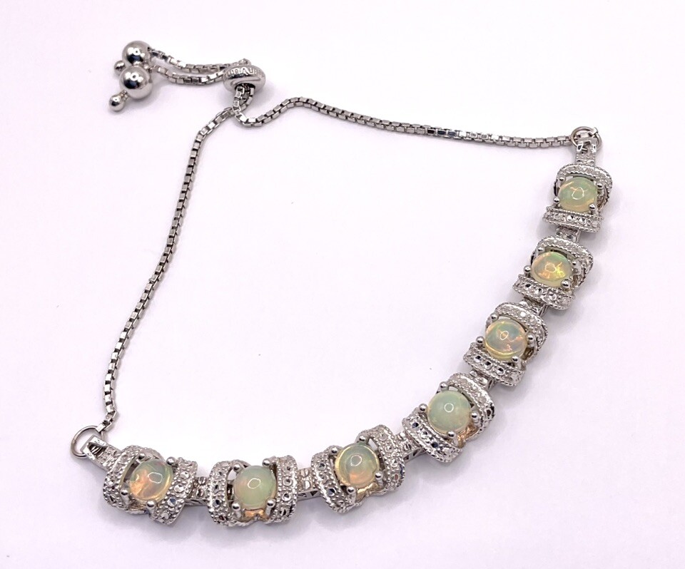 Vintage 925 Sterling Silver Opal Stone Bracelet Adjustable Slider