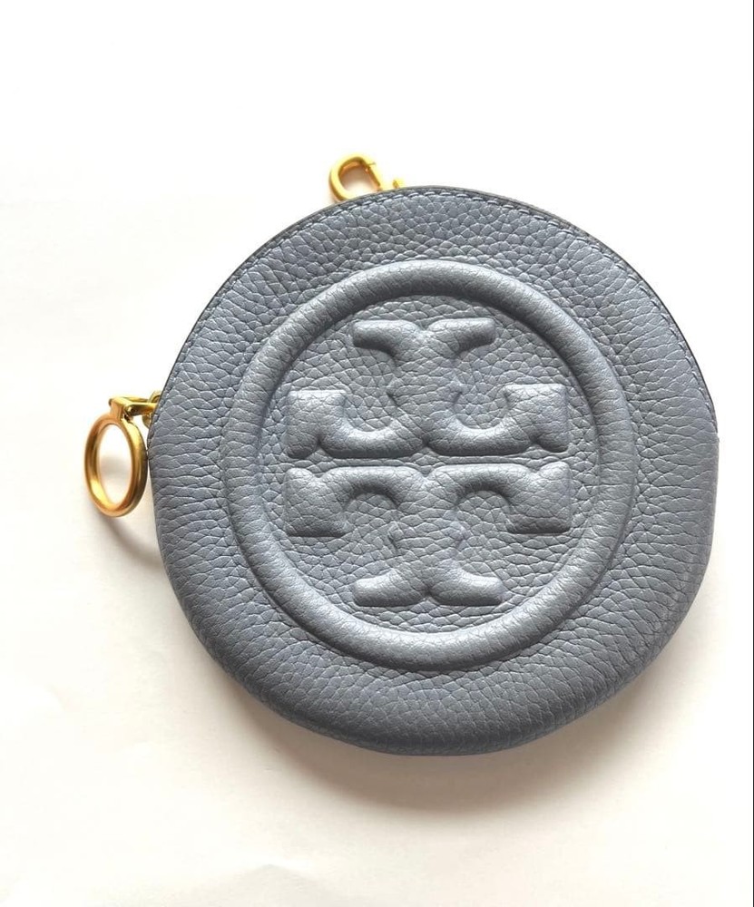 Tory Burch Leather Round Coin Case Pouch Gray Logo Zip Mini Bag