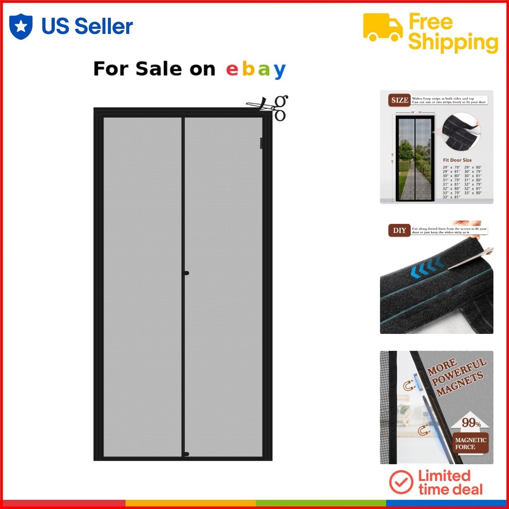 Adjustable Black Magnetic Fiberglass Screen Door Fits Up to 33x81 Inches