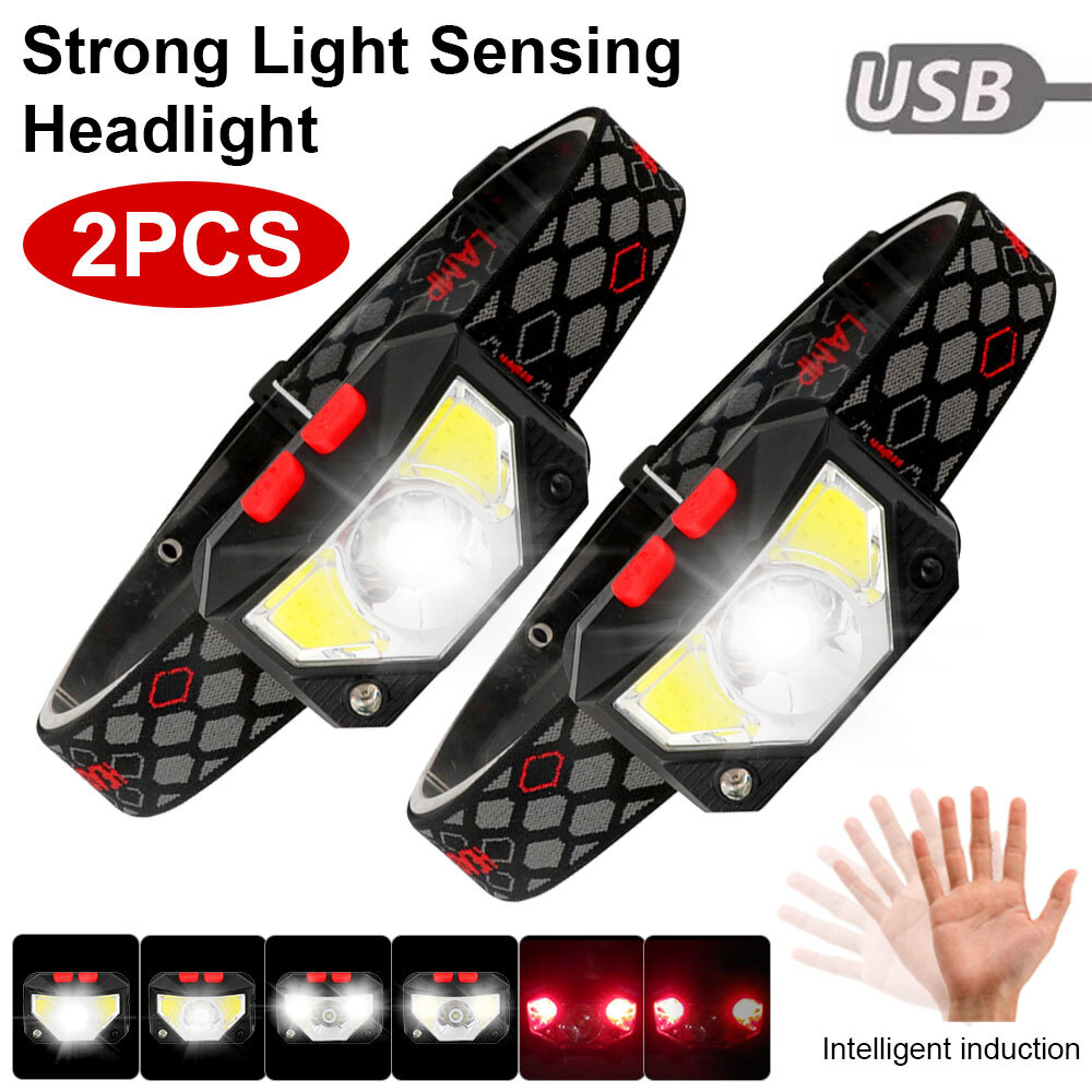 2Pcs COB LED Headlamp Rechargeable Headlight Torch Work Light Bar Head Band Lamp