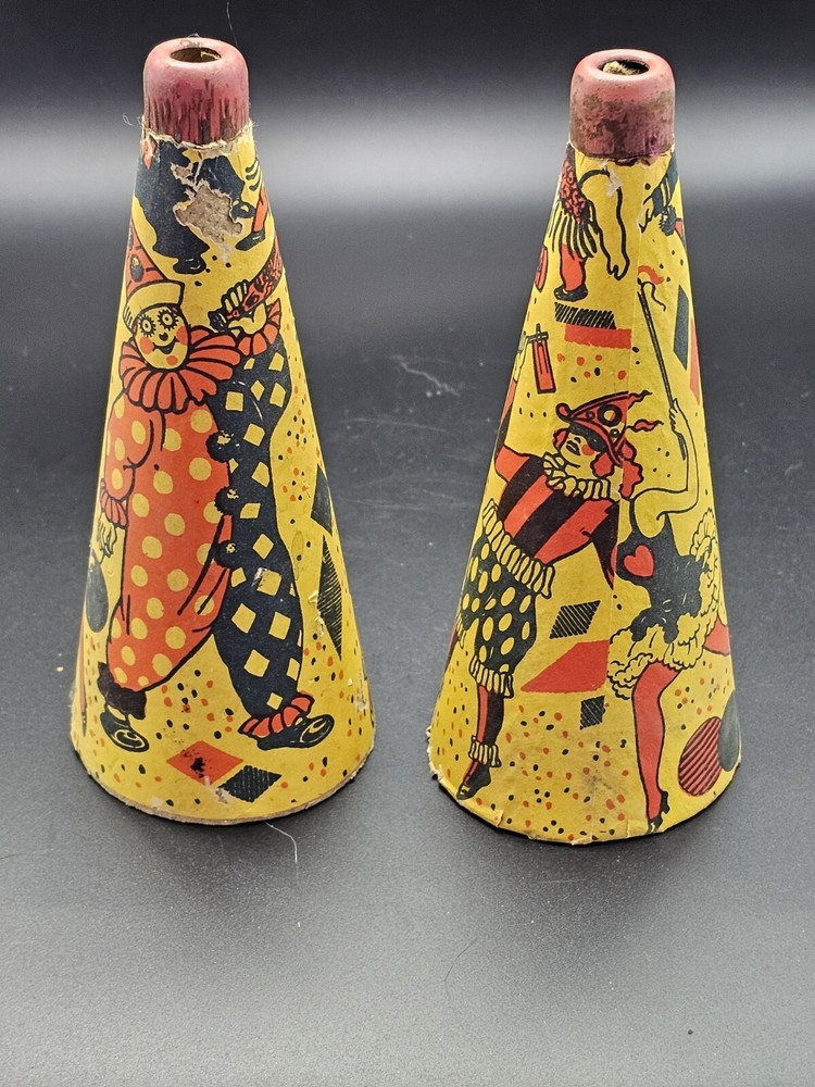Vtg Halloween Noisemakers Megaphone Paper Cardboard Child Toy Lot Of 2 Clown