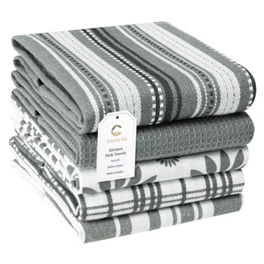 Assorted Kitchen Towels Set of 5 Large 16x26 inches 100% Cotton - Soft Grey