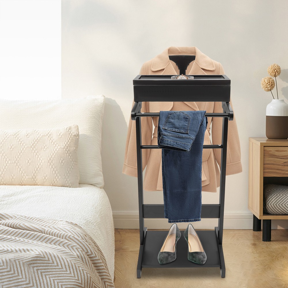 Black Suit Valet Stand with Coat Hanger and Shoe Organizer