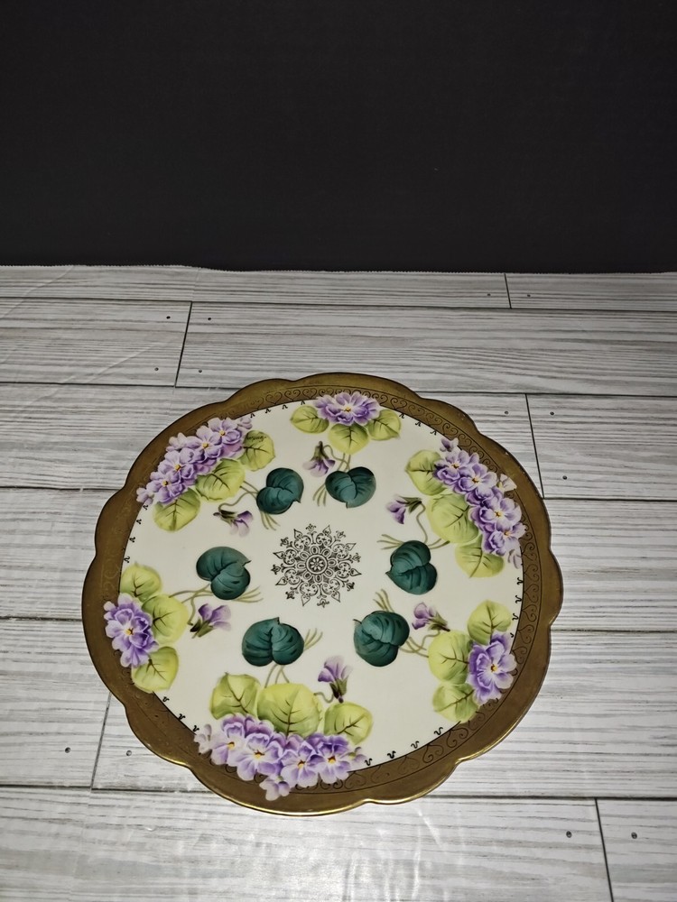 Vintage Hand-Painted Vienna China Luncheon Plate with Purple Flowers and Gold