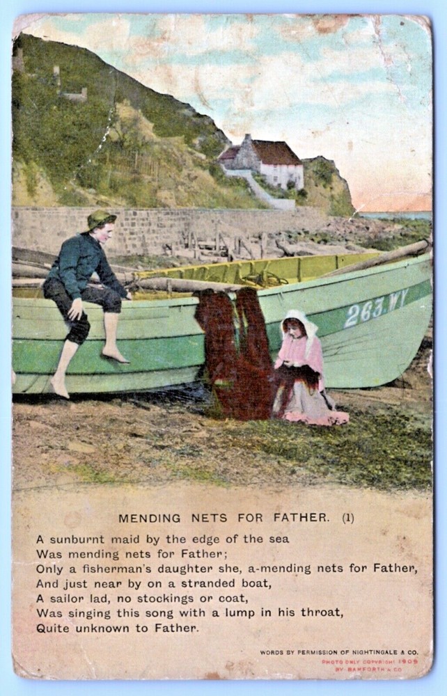 Vintage 1909 Postcard Sailor Girl Mending Fishing Nets-image