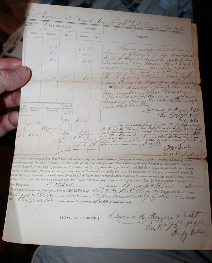 Civil War Pay Voucher Lt Edward Rogers 1863 PA 93rd Infantry Black Servant-image