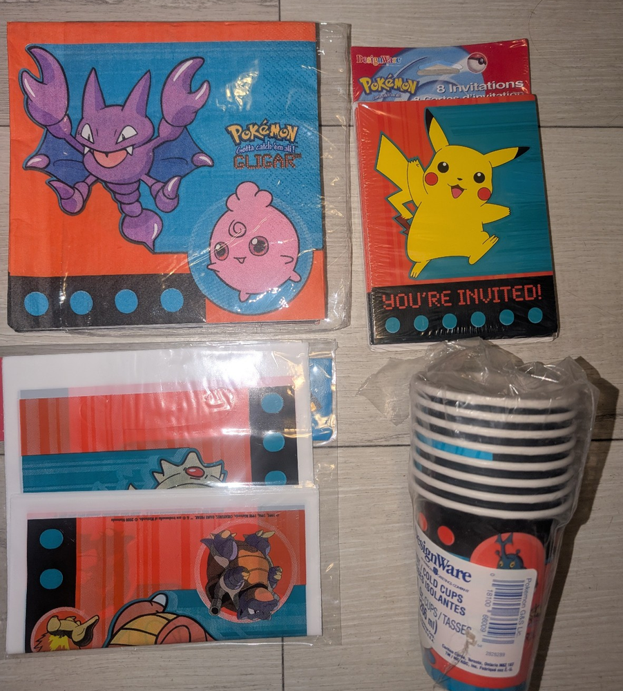 Vintage Y2K Nintendo Pokemon Party Supplies Lot - Cups Bags Napkins Invitations
