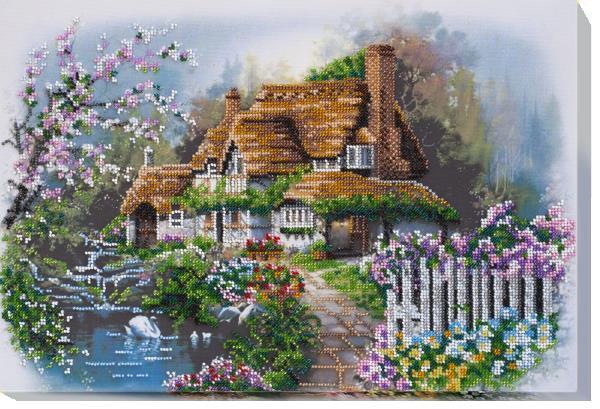 Bead embroidery kit House on the lake needlework kit Art canvas beadwork pattern