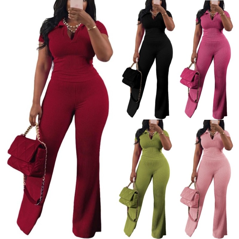 Womens 2Pcs Outfit Ribbed Short Sleeve VNeck Polo Top Flare Pants Sets Tracksuit