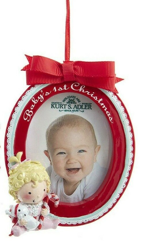 Baby Girl First Christmas Ornament with Ribbon in Oval Frame