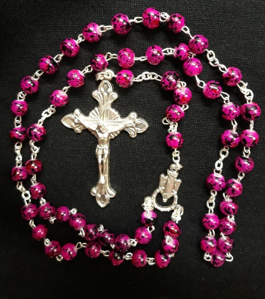 Pink and Black Murano Style 6mm Glass Bead Rosary Necklace 22 Inch