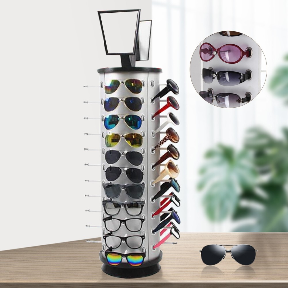44 Pair Sunglasses Display 360 Rotating Rack Glasses Holder Stand  w/ Mirror