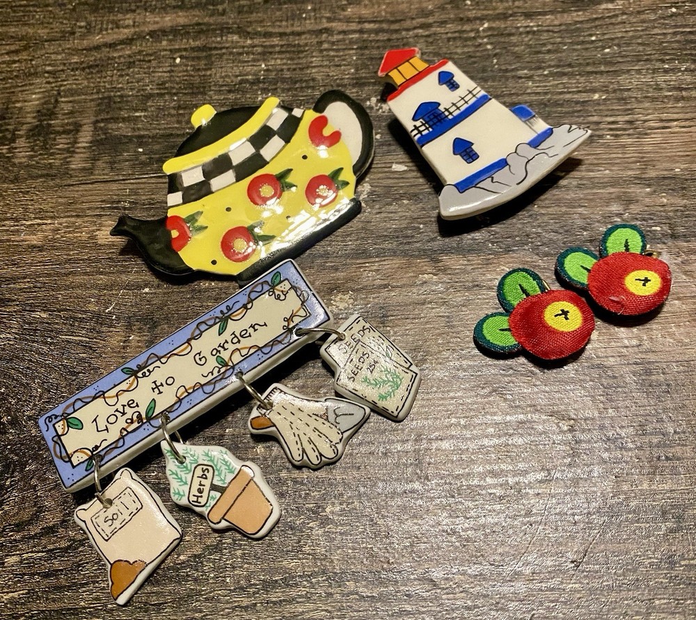 Lot Of 5 Vintage Ceramic Handmade Pins