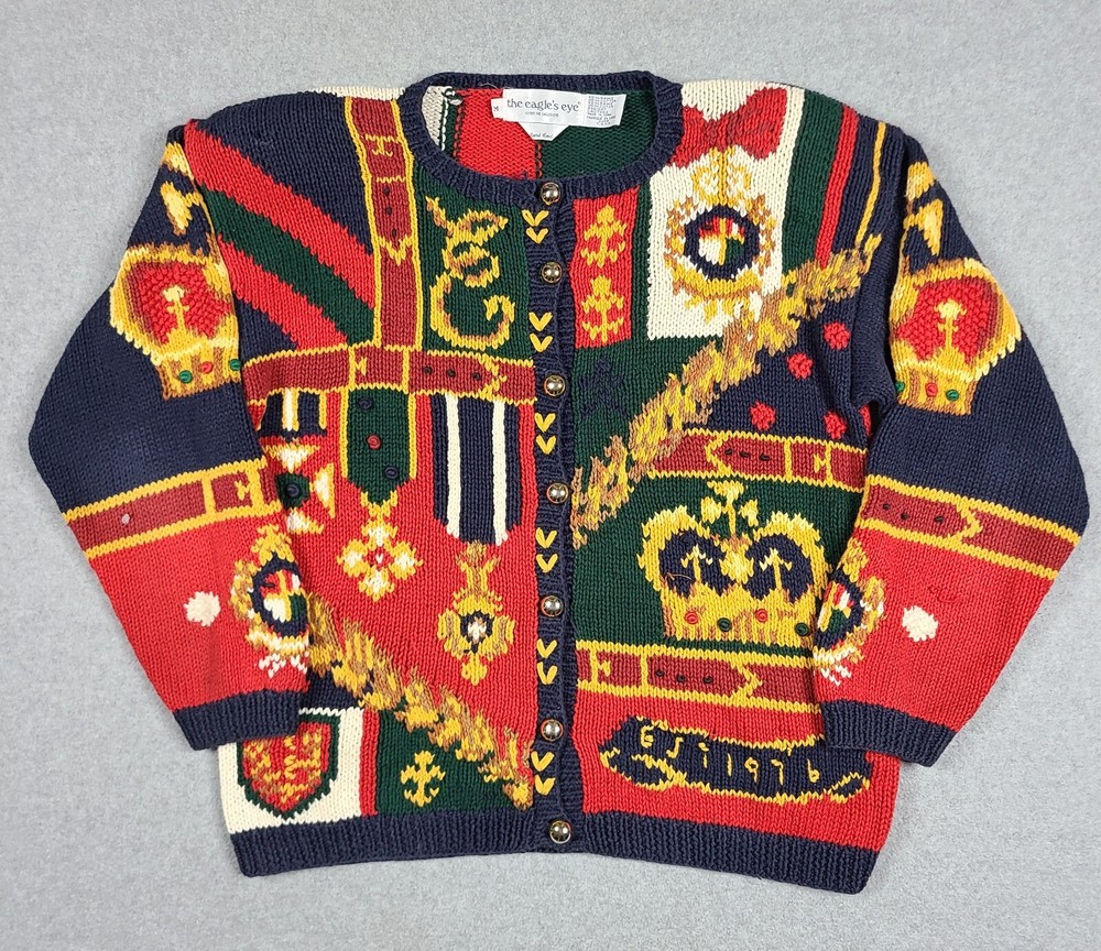 Vintage 1991 The Eagles Eye Crown Royalty Hand Knit Sweater Cardigan Sz M Knit