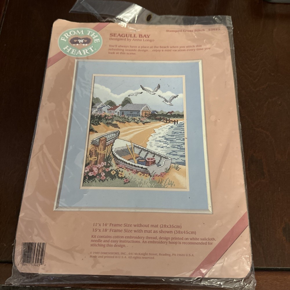 Seagull Bay From The Heart Stamped Cross Stitch Kit #53025 Beach Boat Bird 11x14