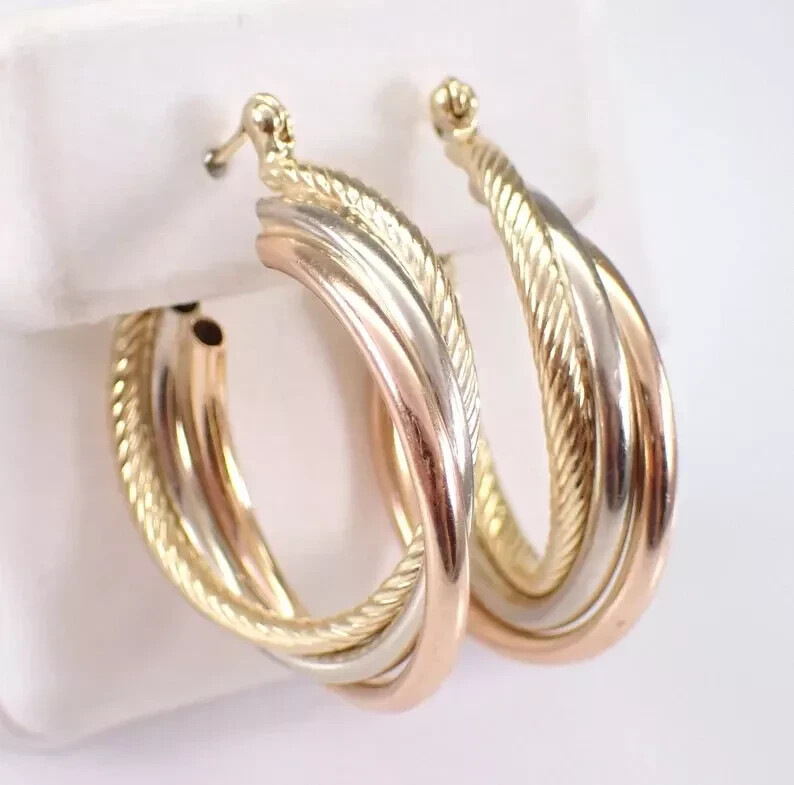 14K Three Tone Gold Plated Sterling Silver Twisted Braided Women's Hoop Earring