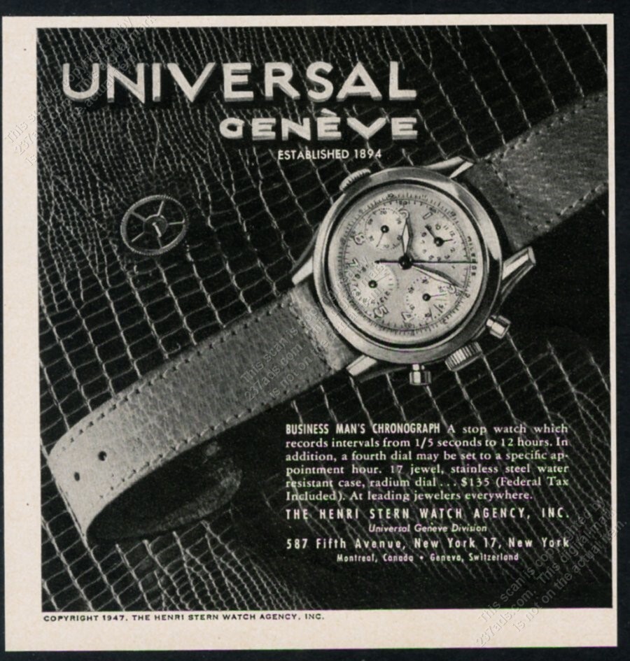 1947 Universal Geneve Business Man's Chronograph watch photo vintage print ad