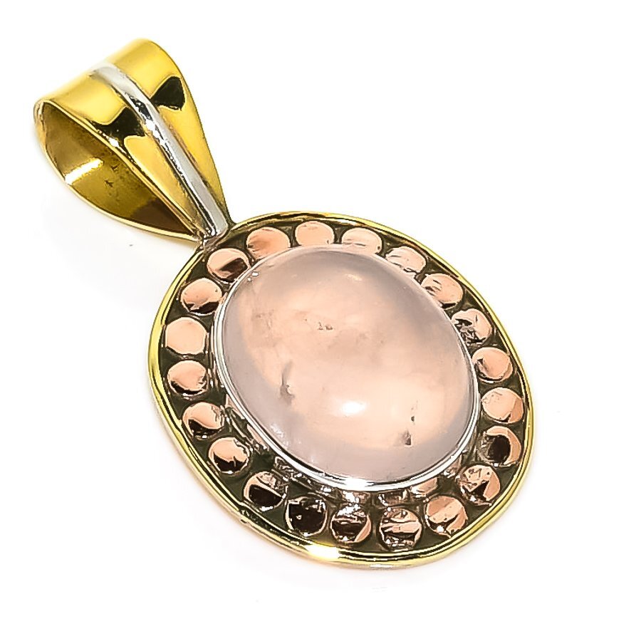 Natural Rose Quartz TwoTone 925 Solid Sterling Silver Jewelry Pendant 1.25