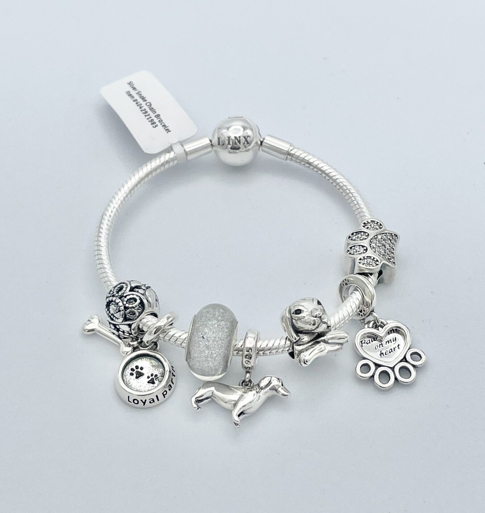 Linx Silver Snake Chain Bracelet with Dachshund Charms 925 Sterling Silver