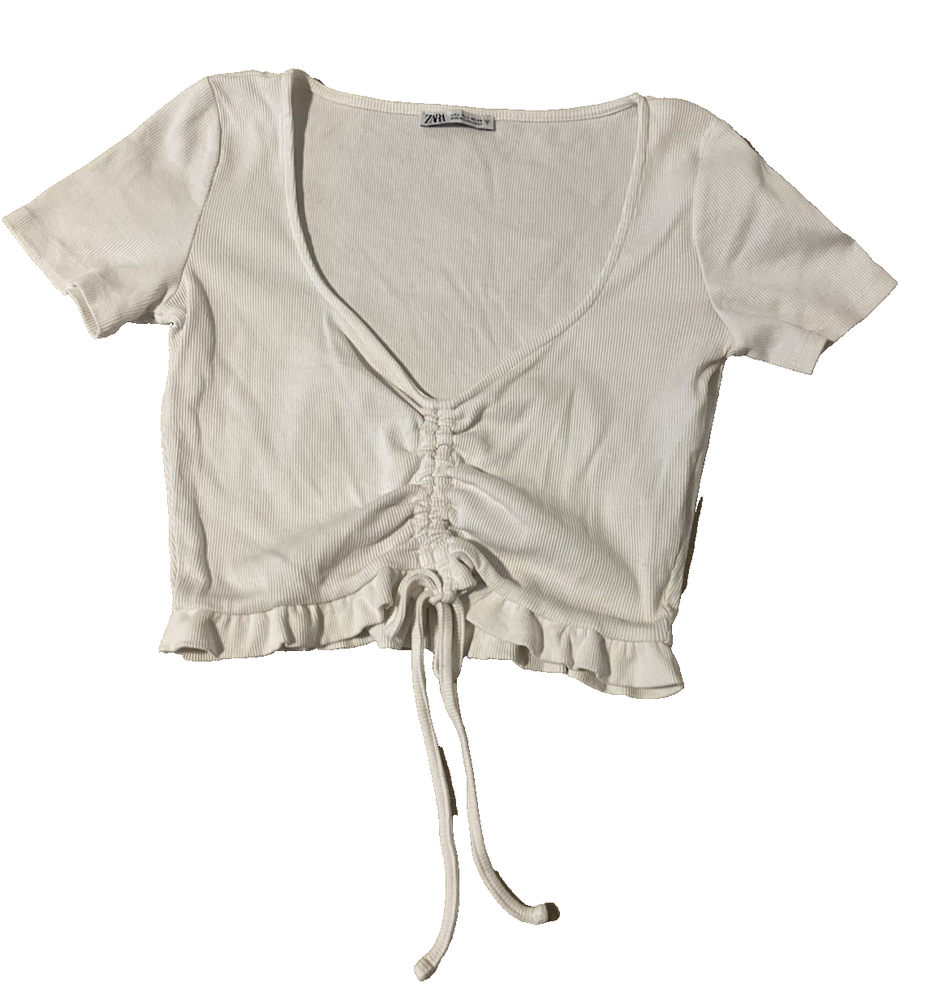 Zara Womens Ribbed Babydoll Plunge Knit Top Size M/L White Ruched Front Ruffles