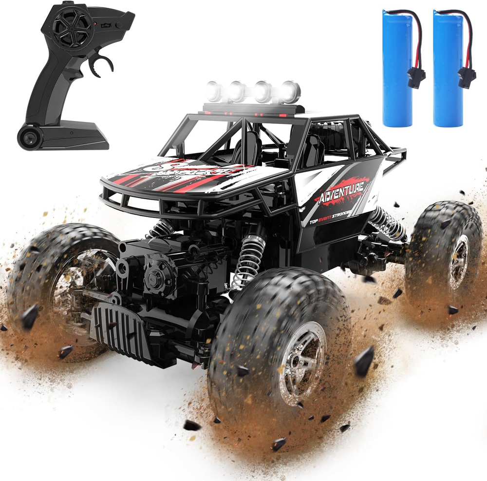 DE45 RC Monster Truck, 1:14 Scale, 4WD, Dual Motors, LED, 2 Batteries, 90 Min Pl