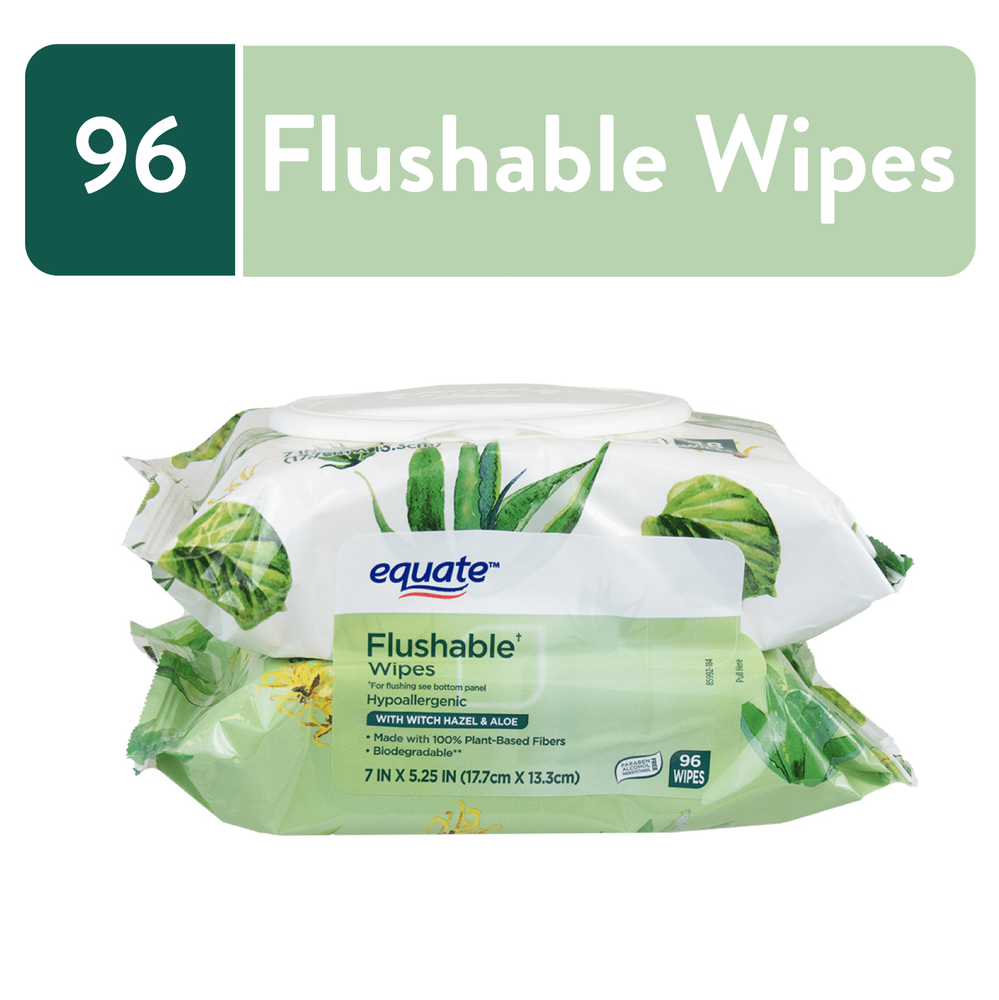 Equate Witch Hazel and Aloe Scent Flushable Wipes, 2 Flip-Top Packs (96 Total Wi