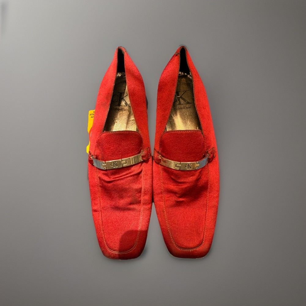 Calvin Klein Women's Burgundy Gold Loafers Silky Velvet Size 6 Made In Italy