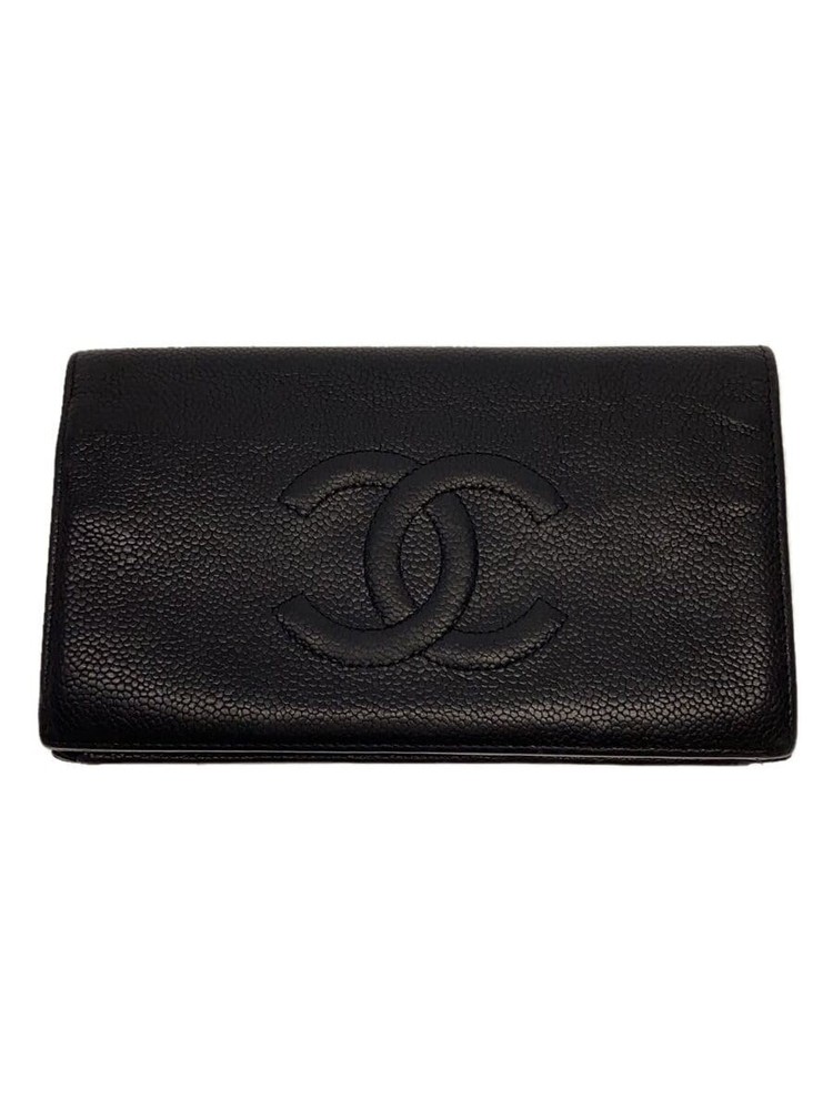 CHANEL Coco Mark Caviar Leather CC Black Bifold Long Wallet A48651 Pre-Owned