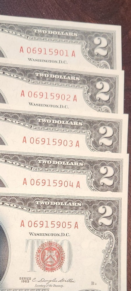 1963 (5) Consecutive $2 Dollar Bill Red Seal