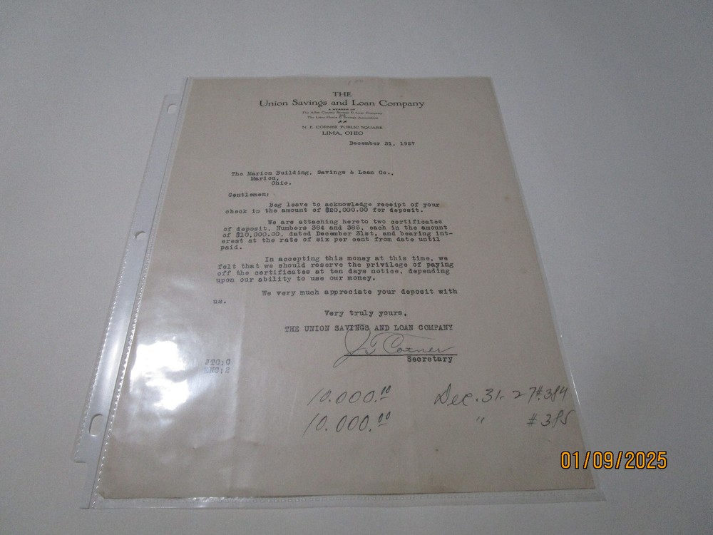 UNION SAVINGS BANK LIMA OHIO  6% INTERESTON $10,000 CERT OF DEPOSIT DEC 31 1927