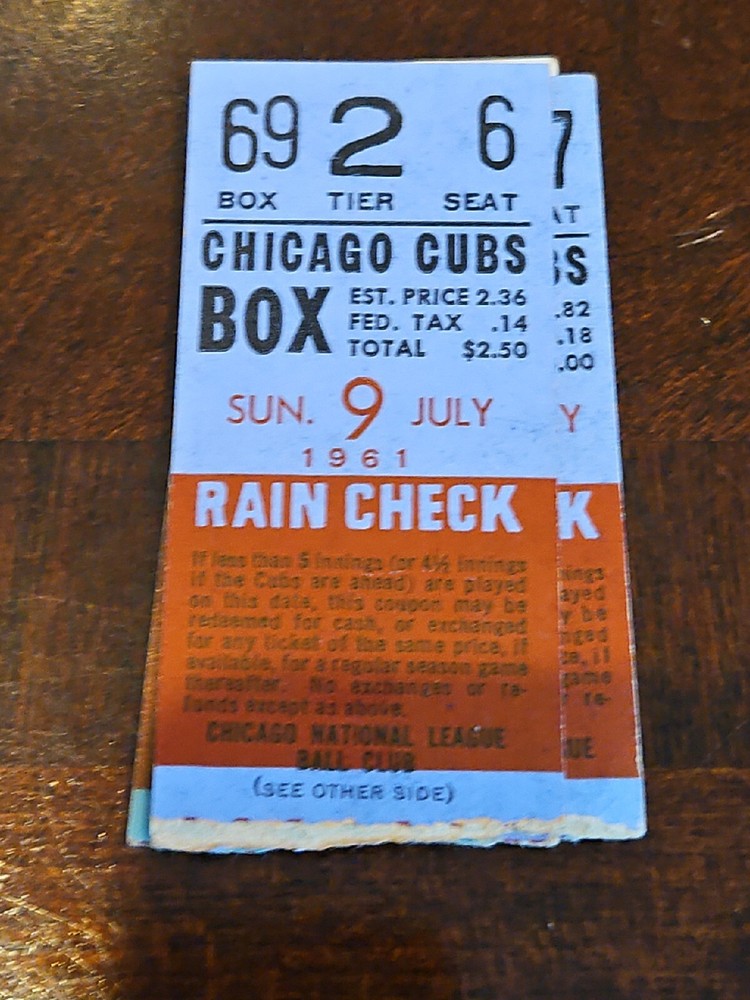 cubs 1961 ticket stub Ernie Banks Billy Williams Ron Santo 2 hits  cubbies Mlb