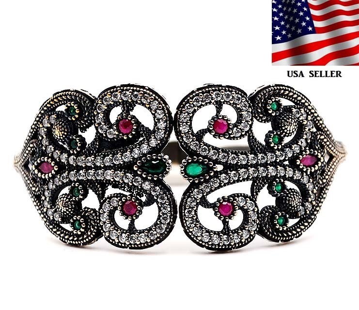 Ottoman Empire Inspired 5CT Treated Emerald 925 Sterling Silver Bracelet Z1-1