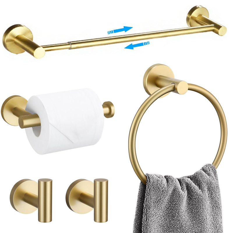 5Pcs Gold Bathroom Hardware Set Towel Ring,Towel Bar, Extendable Towel Racks Set