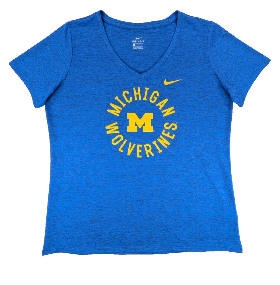 Michigan Wolverines T-Shirt Large Women's Nike Dri-Fit V-Neck Blue 100% Poly