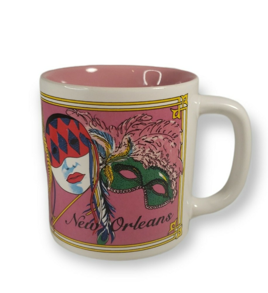 NEW ORLEANS Louisiana MARDI GRAS Mask COFFEE MUG Pink Souvenir Cup FAT TUESDAY