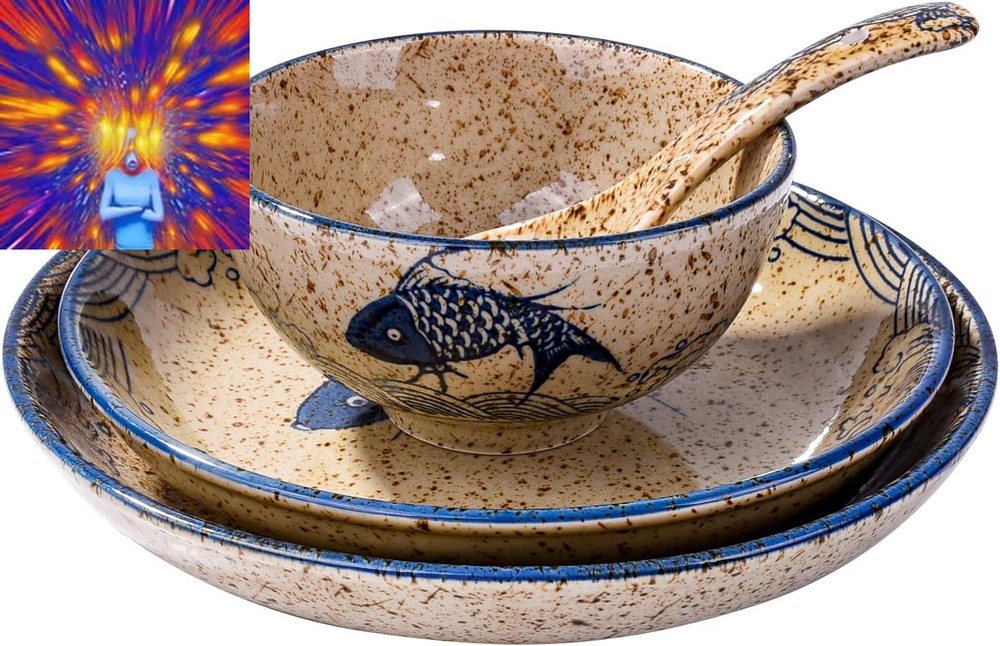 4-Piece Ceramic Dinnerware Set, Plate, Dish, Bowl, Spoon, Japanese Hand-Painted