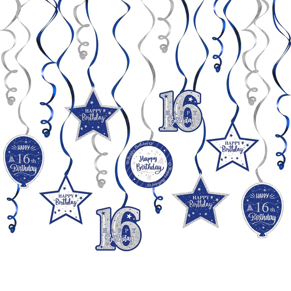 Blue Silver Glitter Swirl Streamers for 16th Birthday Party Decor 15 Pack