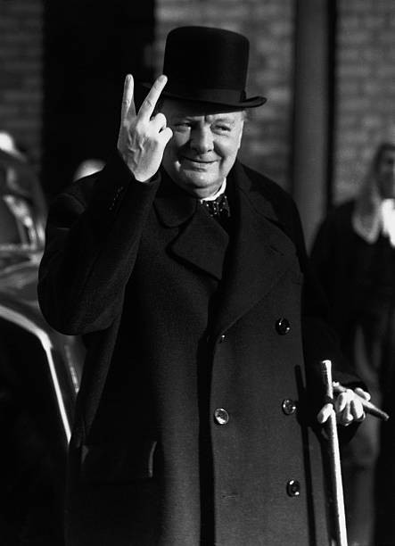 Winston Churchill gives the V for Victory sign in London on Lord M- Old Photo