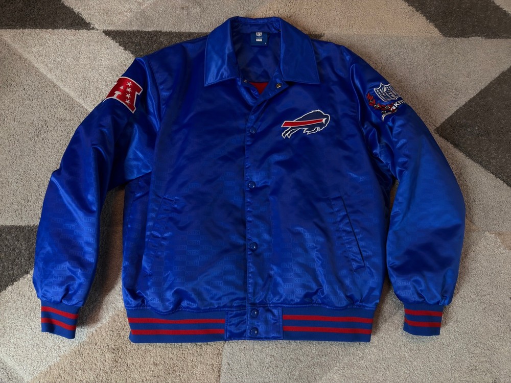 Mens L Kith x NFL x Buffalo Bills Satin Bomber Jacket FW2023 Vintage
