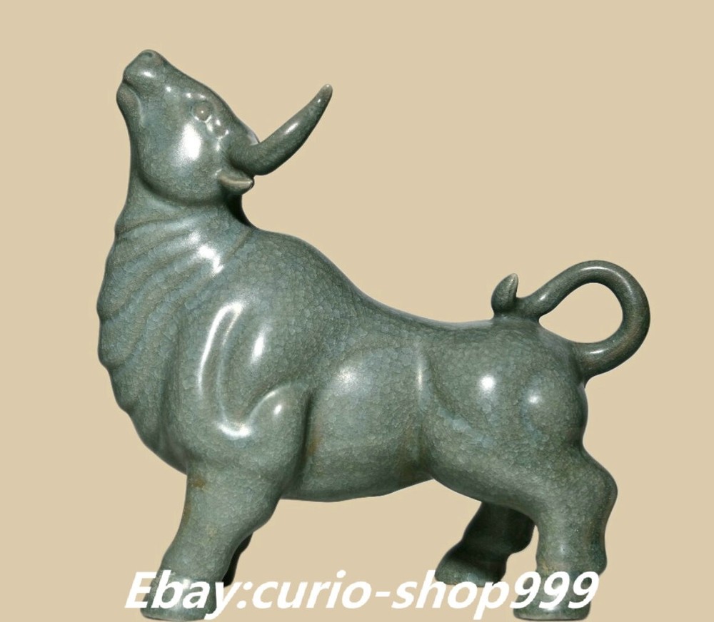 9.8-Inch Ru Kiln Song Dynasty Porcelain 12 Zodiac Cattle Ox Bull Animal Sculpture Figurine