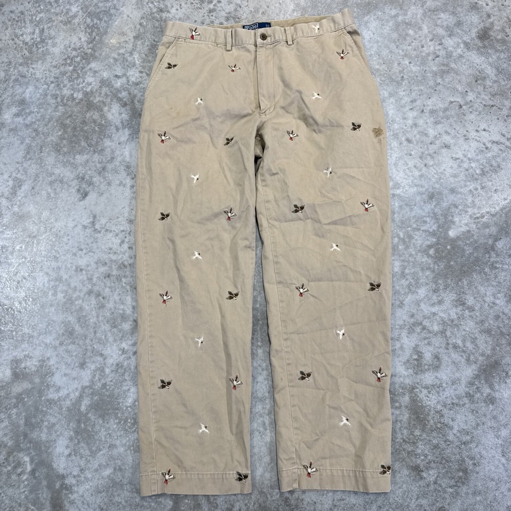 Polo Ralph Lauren Khaki Pants Mens 34x30 Embroidered Ducks Chino Sportsman Vtg