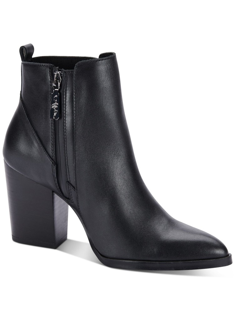 AQUA COLLEGE Womens Black Reese Pointed Toe Block Heel Leather Booties 7.5 M