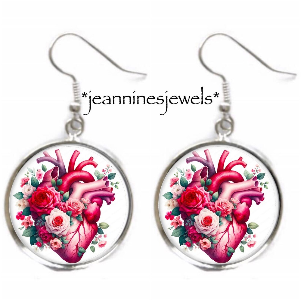 Vintage Heart & Roses Art Print EARRINGS Valentines Day Gift Silver Charm Dangle