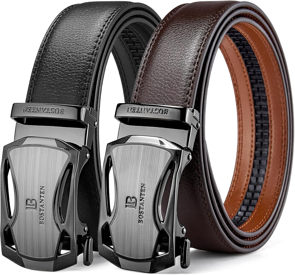 Ratchet Leather Belt for Men 2 Pack Dress and Casual with Adjustable Buckle, Tri