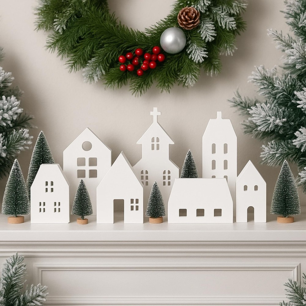 14 Pcs White Christmas Village Sets Wooden Houses Blocks Mini Pine Trees Chri...