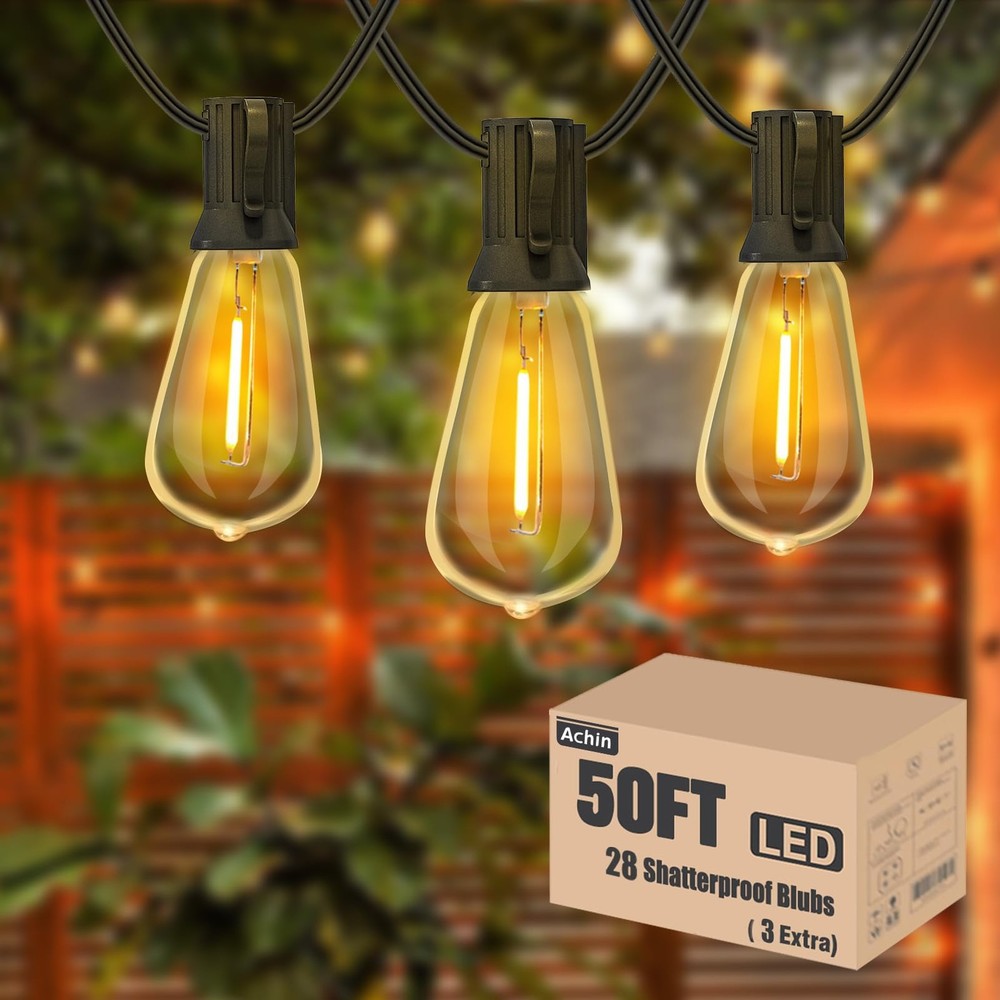 50ft LED Dimmable Outdoor String Lights with Warm Edison Bulbs, Waterproof for Patio and Garden