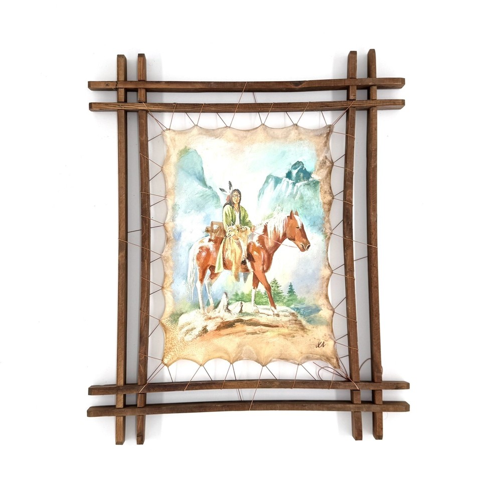 Native American Portrait Framed Leather Oil Painting Wall Art Decor