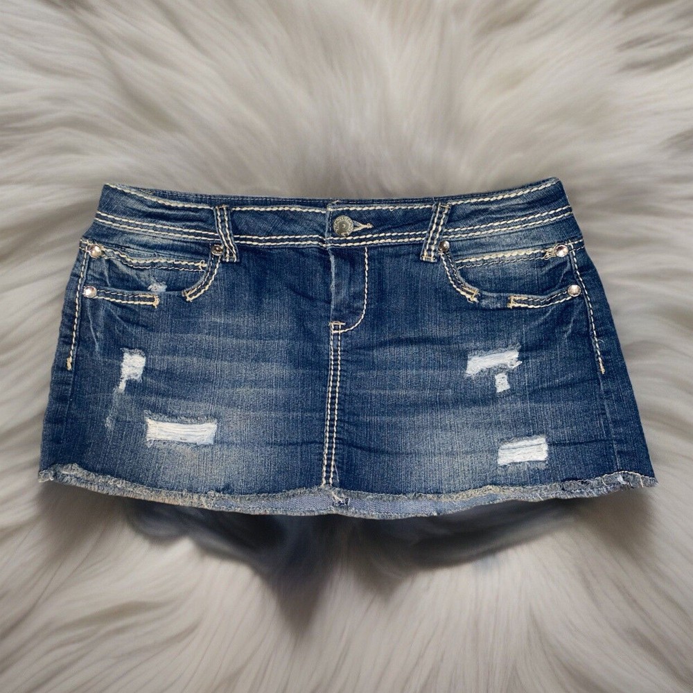 Juniors’ Y2K ALMOST FAMOUS Embellished Low-Rise Distressed Denim Miniskirt | 11