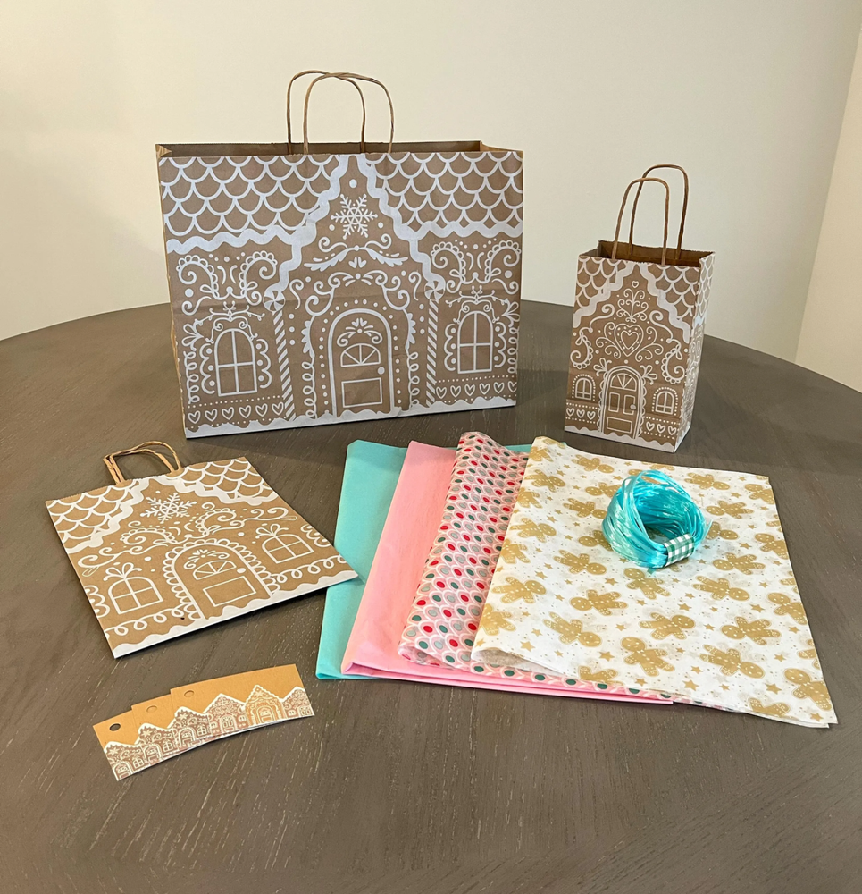 GINGERBREAD COTTAGE Gift Bag Bundle with Tissue Paper, Gift Tags, Raffia Ribbon